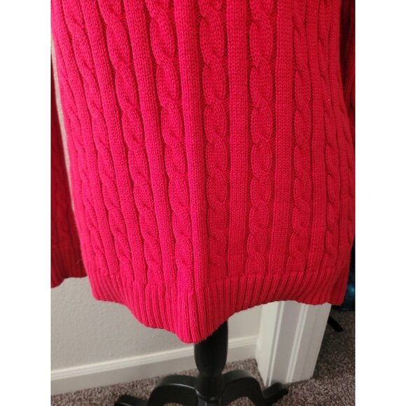 LL Bean Cable Knit Turtleneck Sweater Wmn L LS Red Christmas Holiday Fisherman - Picture 7 of 13